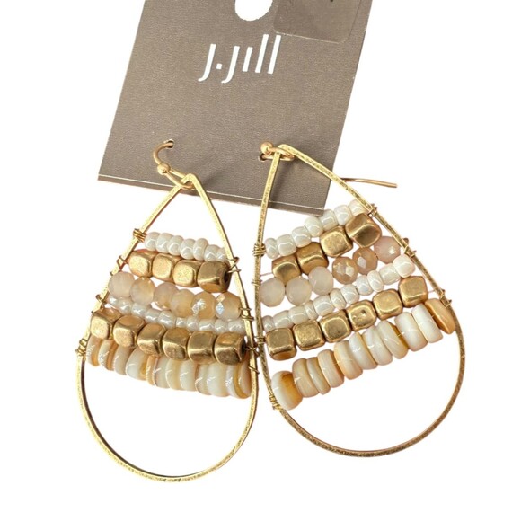 J. Jill Gold Tone Beaded Teardrop Earrings Dangle Drop White Cream Neutral Boho - Picture 5 of 9